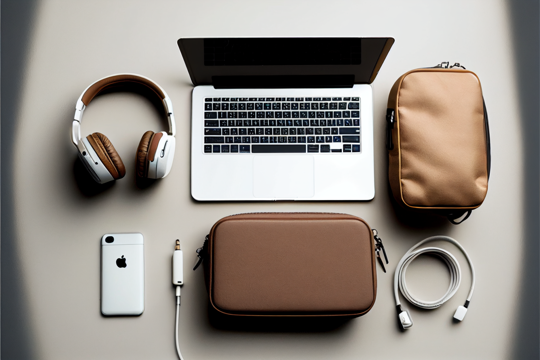 Nomadzki minimalizm - zdjęcie przedstawiające podstawowe sprzęty do pracy zdalnej jak telefon, laptop, słuchawki