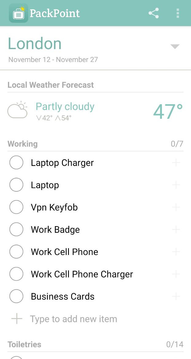 Zrzut ekranu pokazujący etap pakowania. Na podstawie wcześniej podanych informacji użytkownik dostaje listę rzeczy do zabrania. Może dodawać swoje pozycje, a także skreślać te, które już spakował.