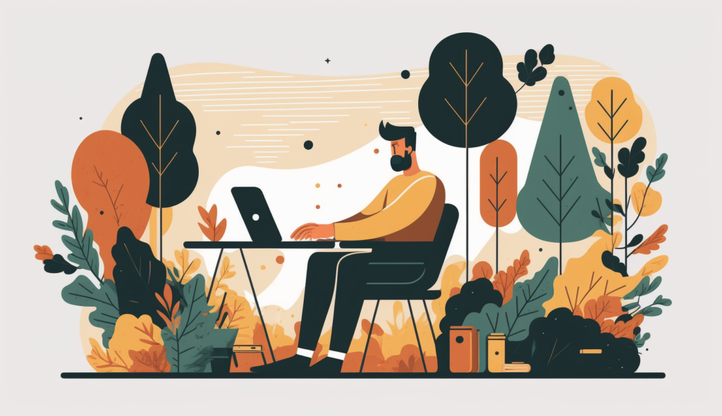 Mężczyzna przed komputerem czyta regulacje pracy zdalnej